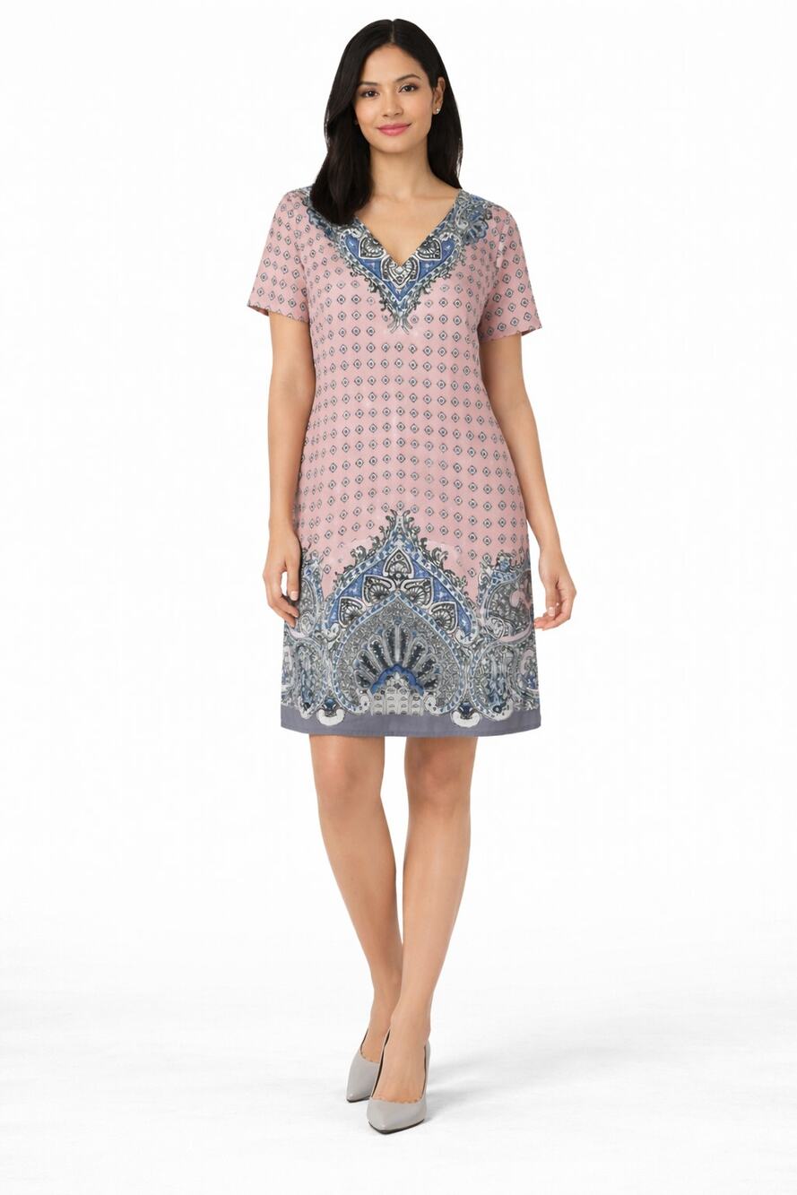 Ann Taylor Geometric V Neck Shift Mini Dress Short Sleeve Womens Size Medium New